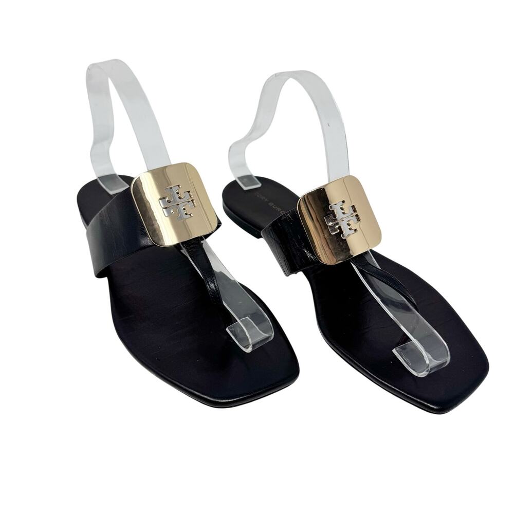 Tory Burch Georgia Black Leather Thong Slide Sandal Gold Logo Square Toe 8